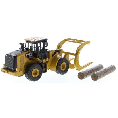 Model of a Caterpillar 950M Wheel Loader with Log Grappler and Longs on a White Background