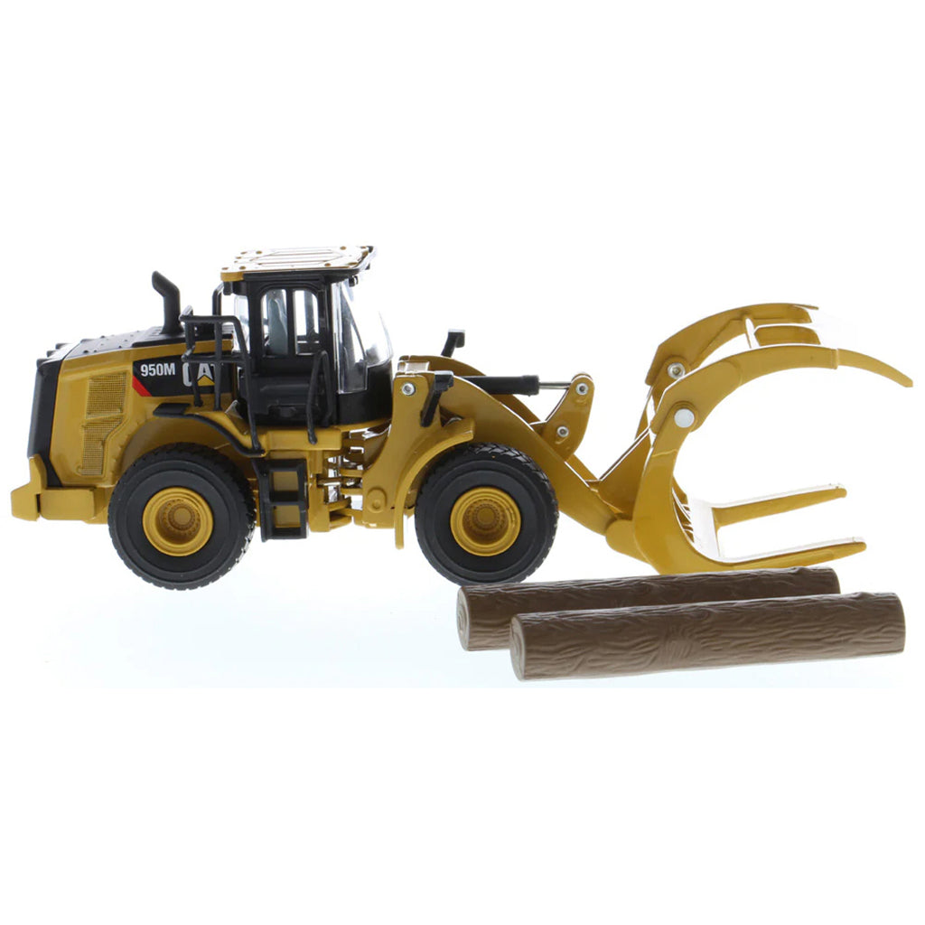 Model of a Caterpillar 950M Wheel Loader with Log Grappler and Longs on a White Background