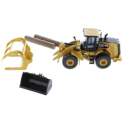 Model of a Caterpillar 950M Wheel Loader with Log Grappler and Longs on a White Background
