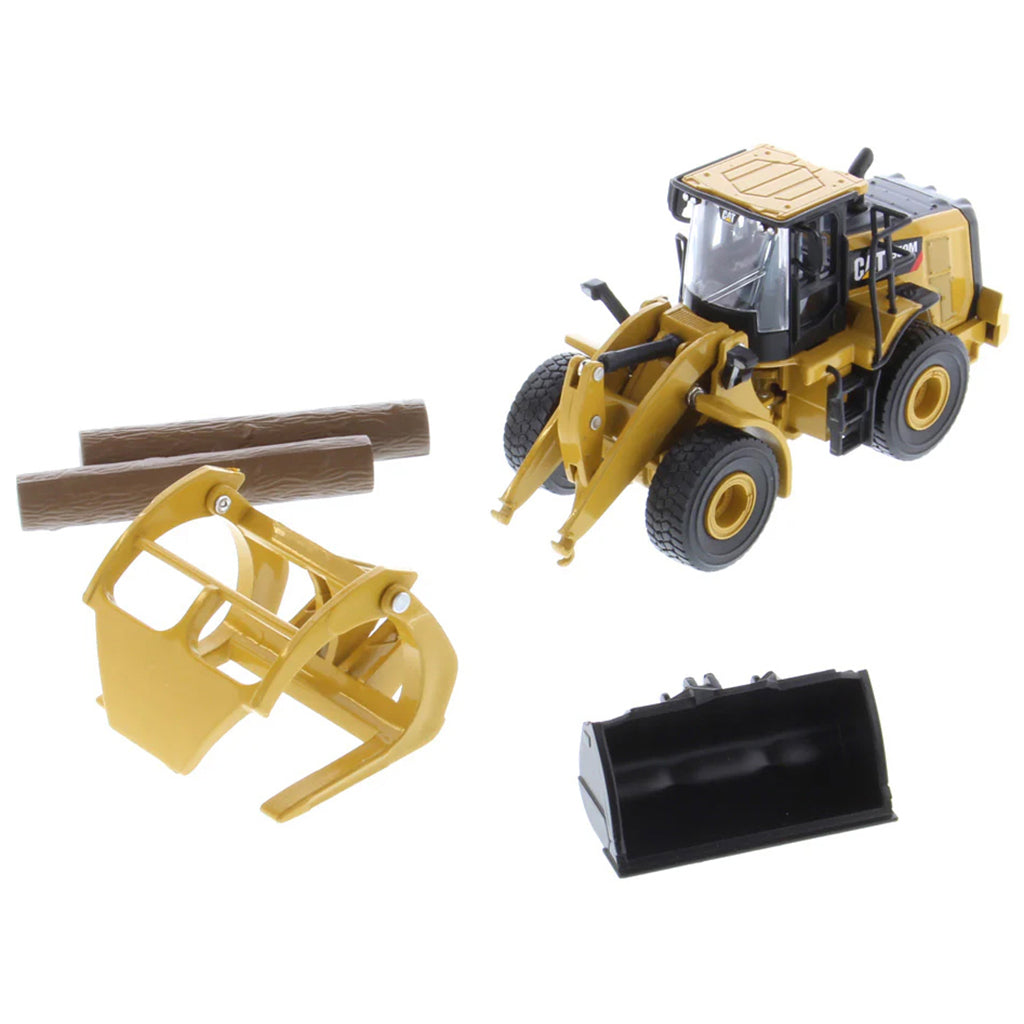 Model of a Caterpillar 950M Wheel Loader with Log Grappler and Longs on a White Background