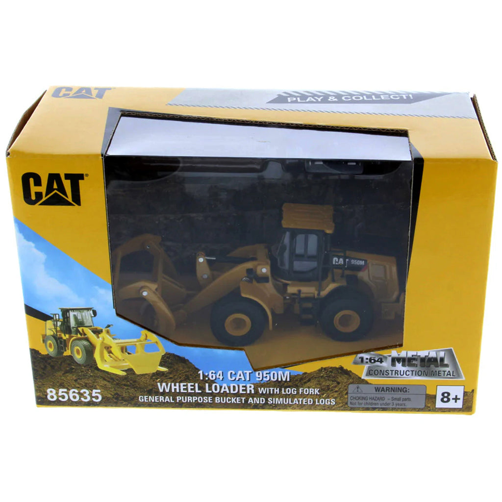 Boxed toy wheel loader with CAT branding on a white background