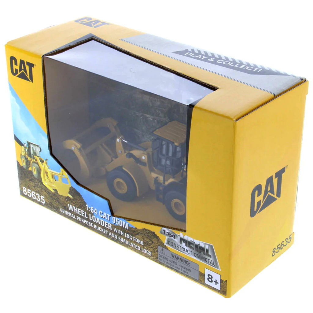 Yellow packaging box for a CAT toy wheel loader on a white background