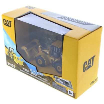 Yellow packaging box for a CAT toy wheel loader on a white background