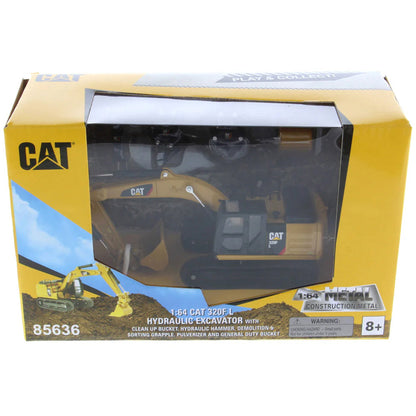 Model of a Caterpillar 320F L Hydraulic Excavator with Work Tools on a White Background