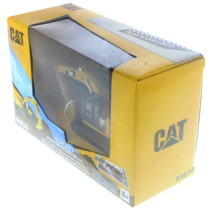 Model of a Caterpillar 320F L Hydraulic Excavator with Work Tools on a White Background