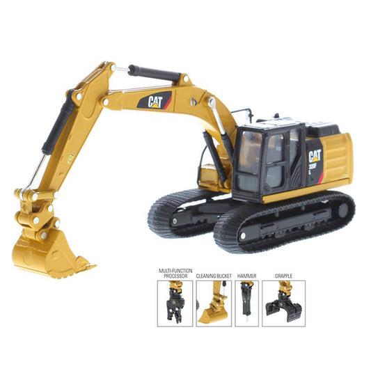 Model of a Caterpillar 320F L Hydraulic Excavator with Work Tools on a White Background