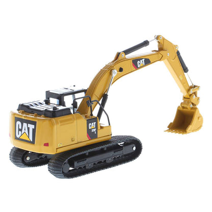 Model of a Caterpillar 320F L Hydraulic Excavator with Work Tools on a White Background