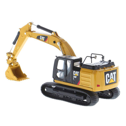 Model of a Caterpillar 320F L Hydraulic Excavator with Work Tools on a White Background