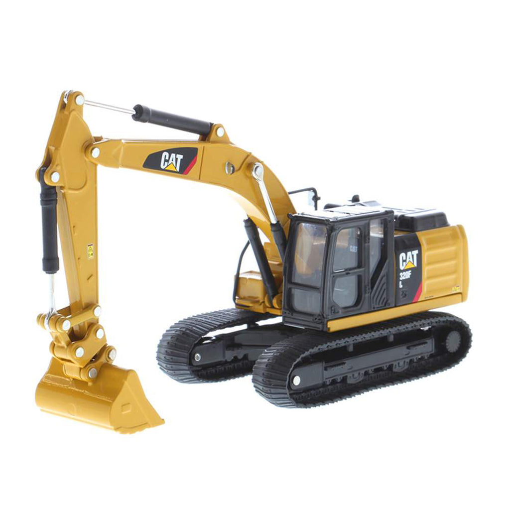 Model of a Caterpillar 320F L Hydraulic Excavator with Work Tools on a White Background