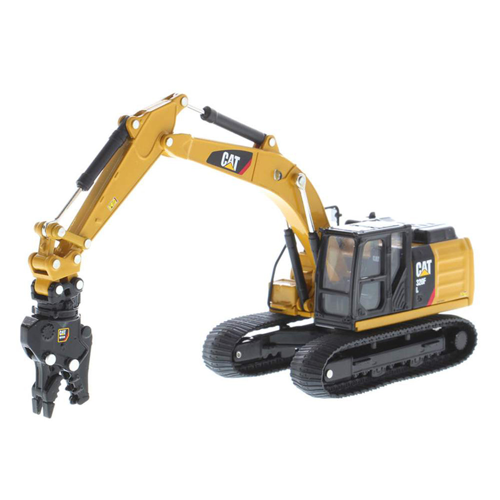 Model of a Caterpillar 320F L Hydraulic Excavator with Work Tools on a White Background