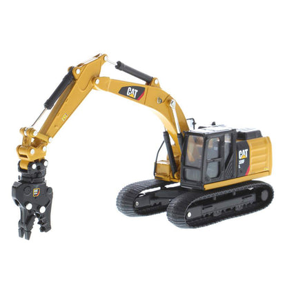 Model of a Caterpillar 320F L Hydraulic Excavator with Work Tools on a White Background