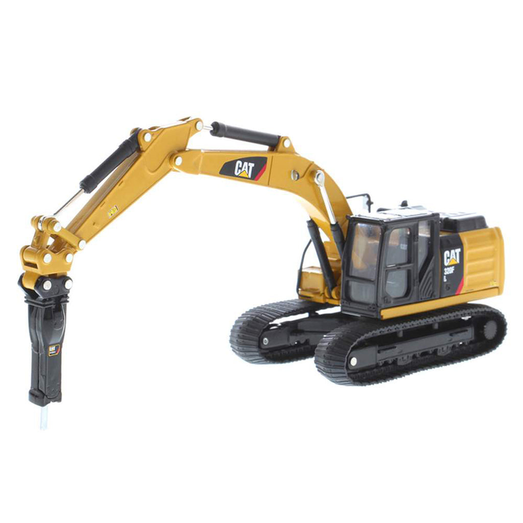 Model of a Caterpillar 320F L Hydraulic Excavator with Work Tools on a White Background