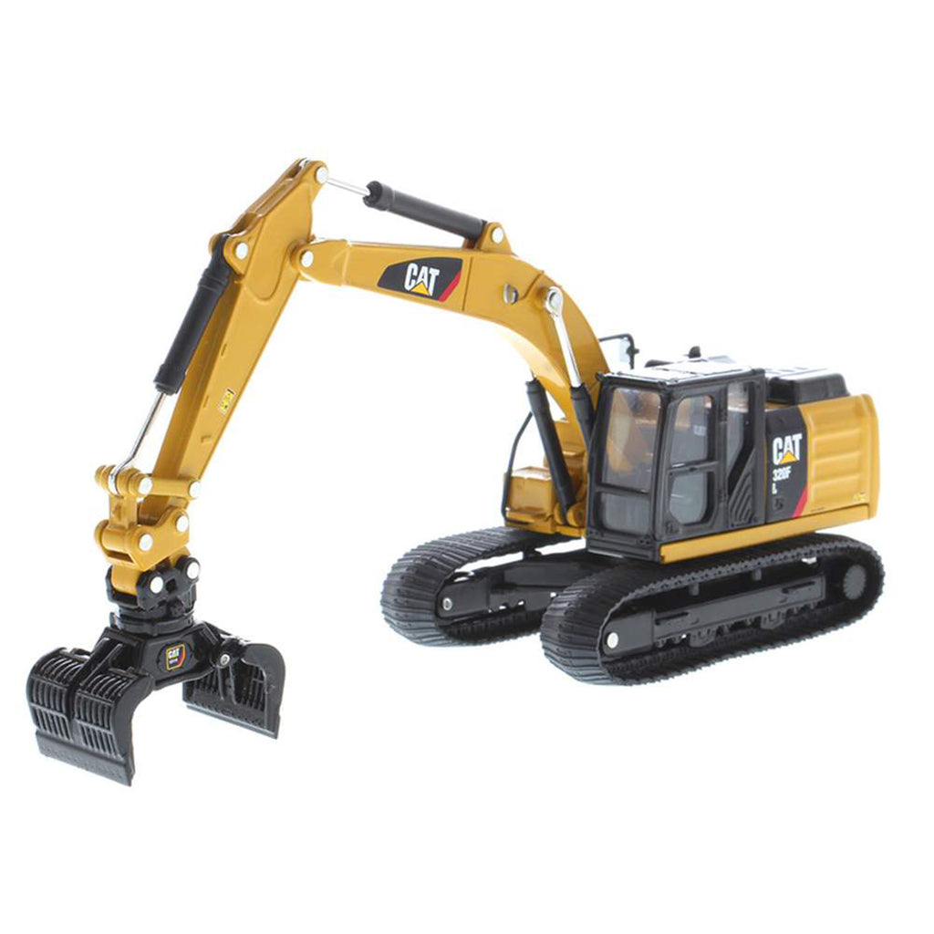 Model of a Caterpillar 320F L Hydraulic Excavator with Work Tools on a White Background