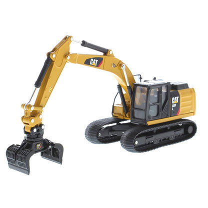 Model of a Caterpillar 320F L Hydraulic Excavator with Work Tools on a White Background