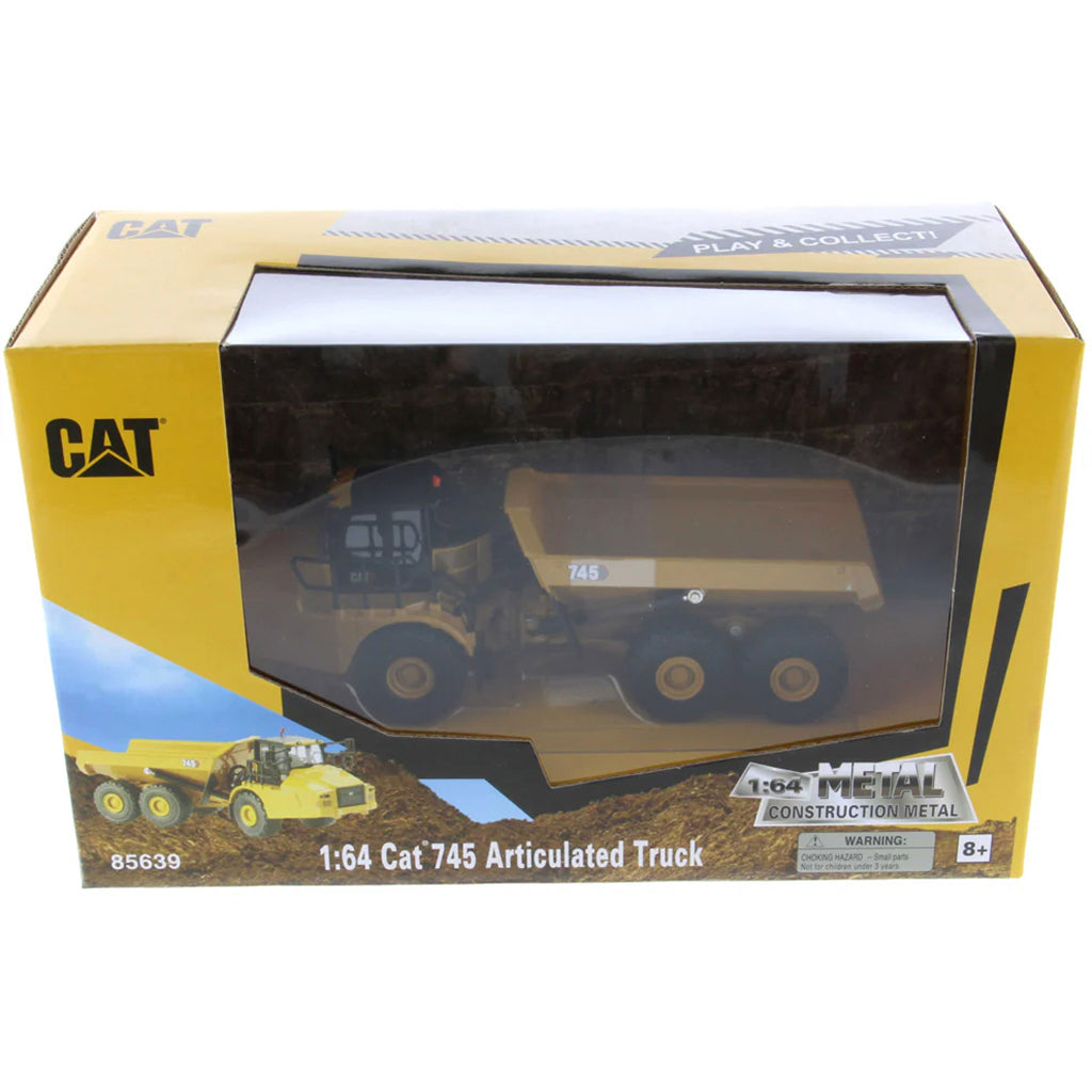 Model of a Caterpillar 745 Articulated Dump Truck in Cardboard Window Box Packaging on a White Background