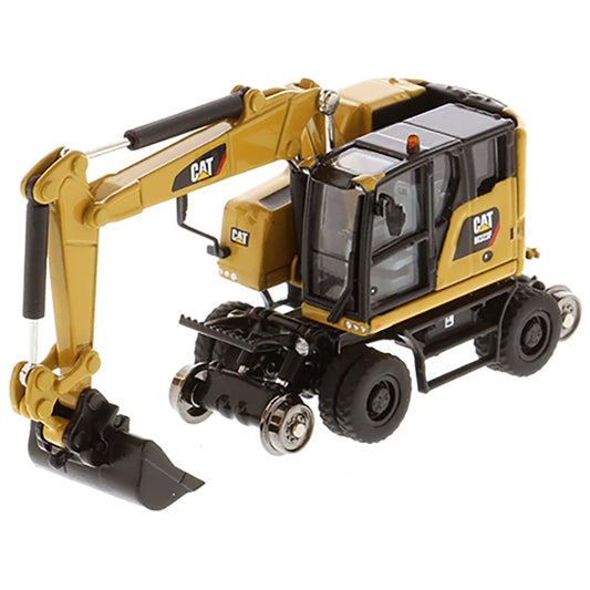 Model of a CAT Yellow Caterpillar M323F Railroad Wheeled Excavator on a White Background