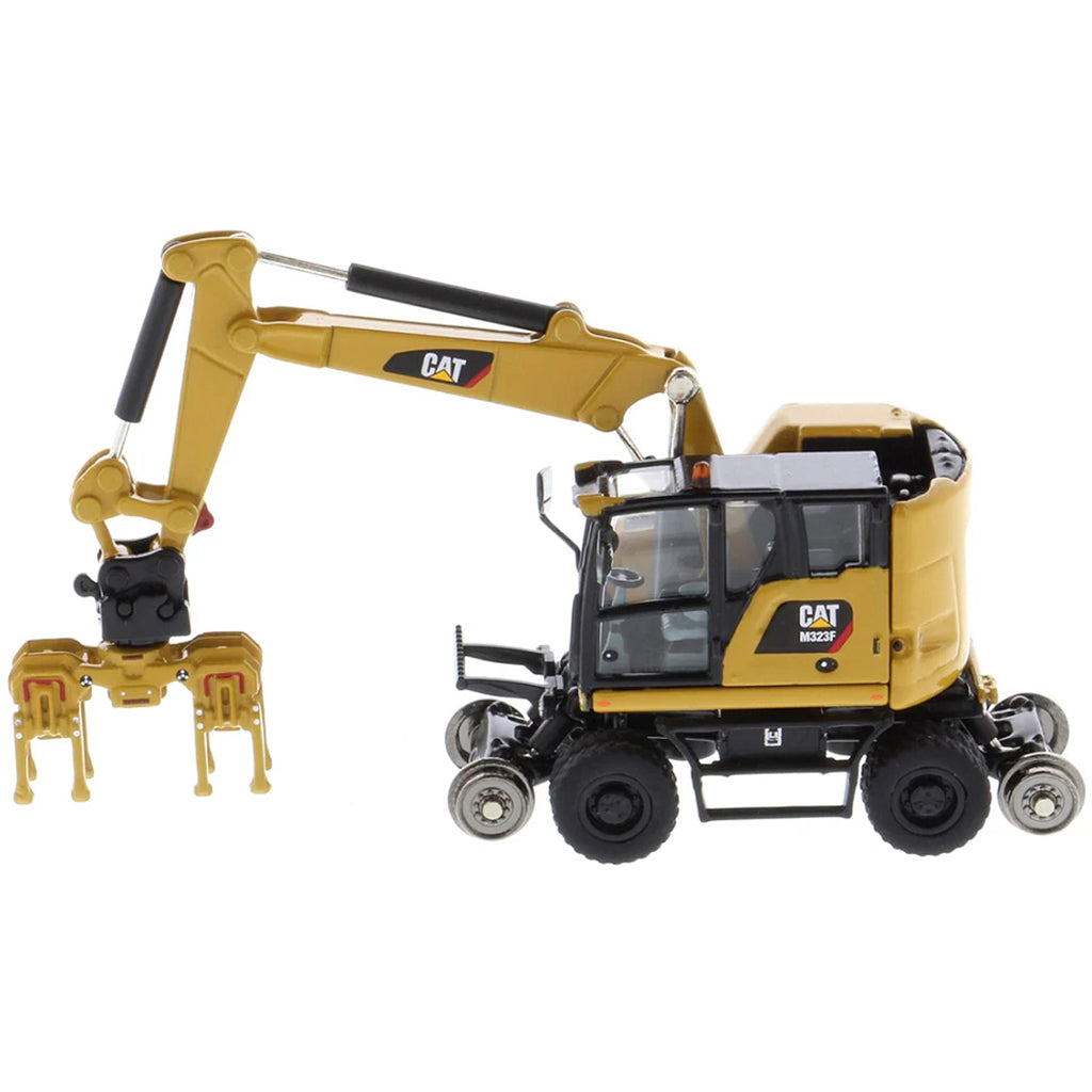 Model of a CAT Yellow Caterpillar M323F Railroad Wheeled Excavator on a White Background
