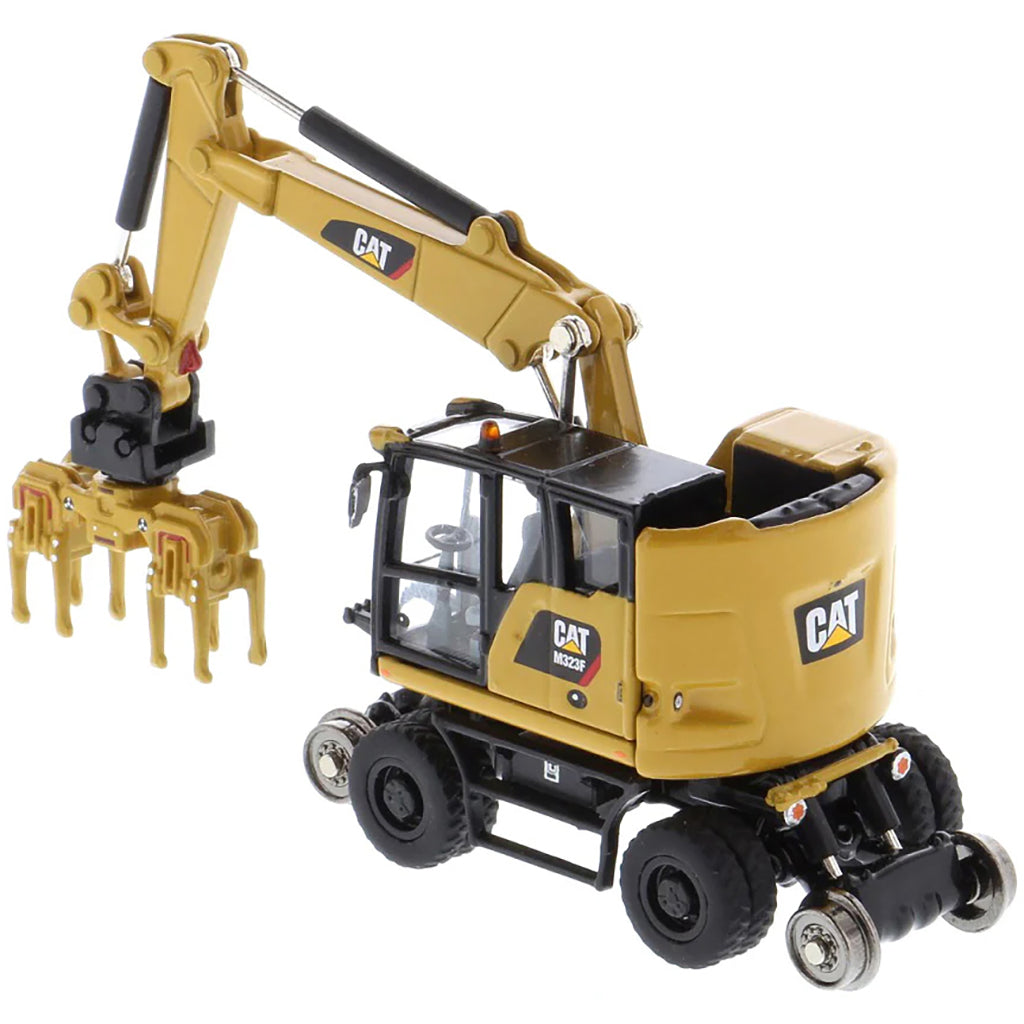 Model of a CAT Yellow Caterpillar M323F Railroad Wheeled Excavator on a White Background