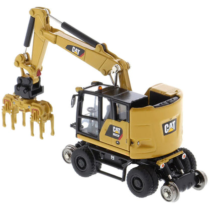Model of a CAT Yellow Caterpillar M323F Railroad Wheeled Excavator on a White Background