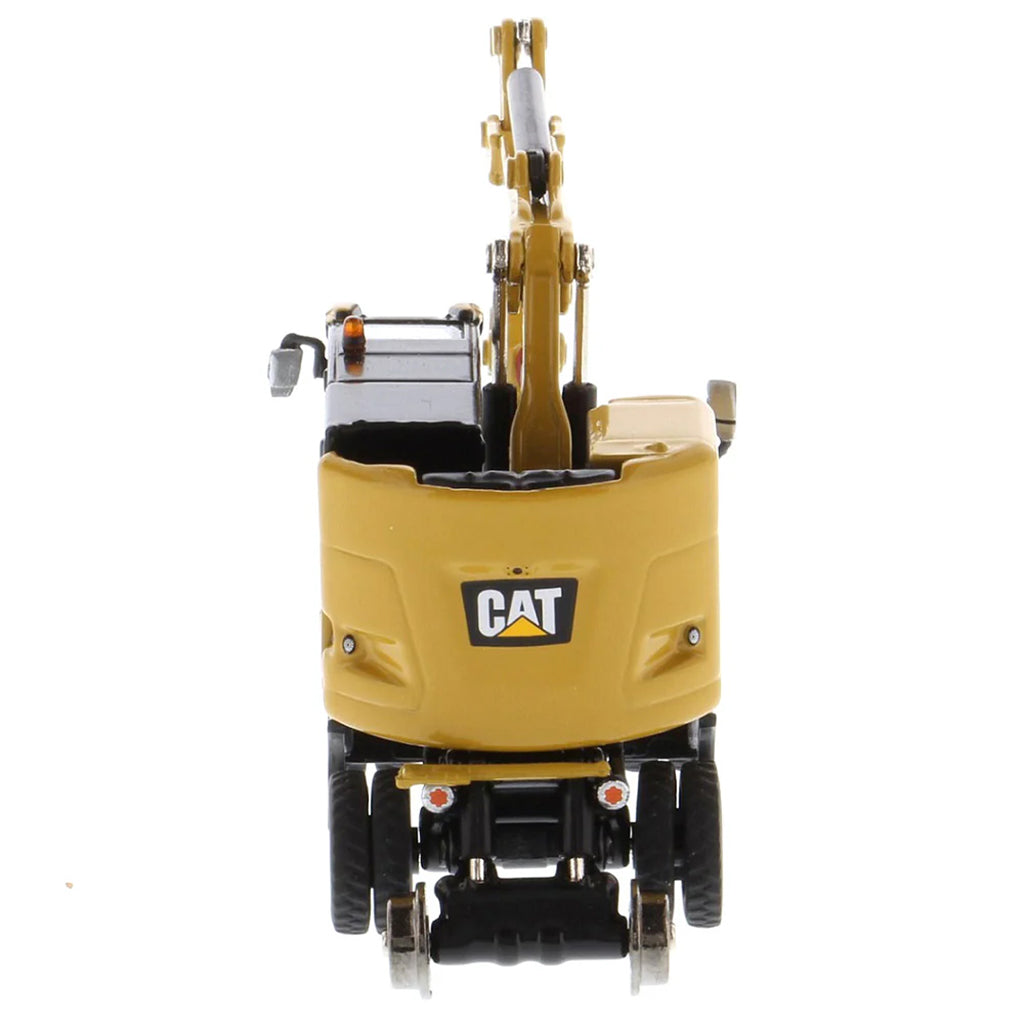 Model of a CAT Yellow Caterpillar M323F Railroad Wheeled Excavator on a White Background