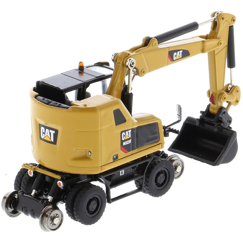 Model of a CAT Yellow Caterpillar M323F Railroad Wheeled Excavator on a White Background