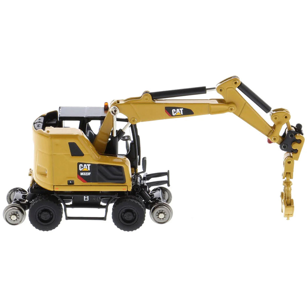Model of a CAT Yellow Caterpillar M323F Railroad Wheeled Excavator on a White Background