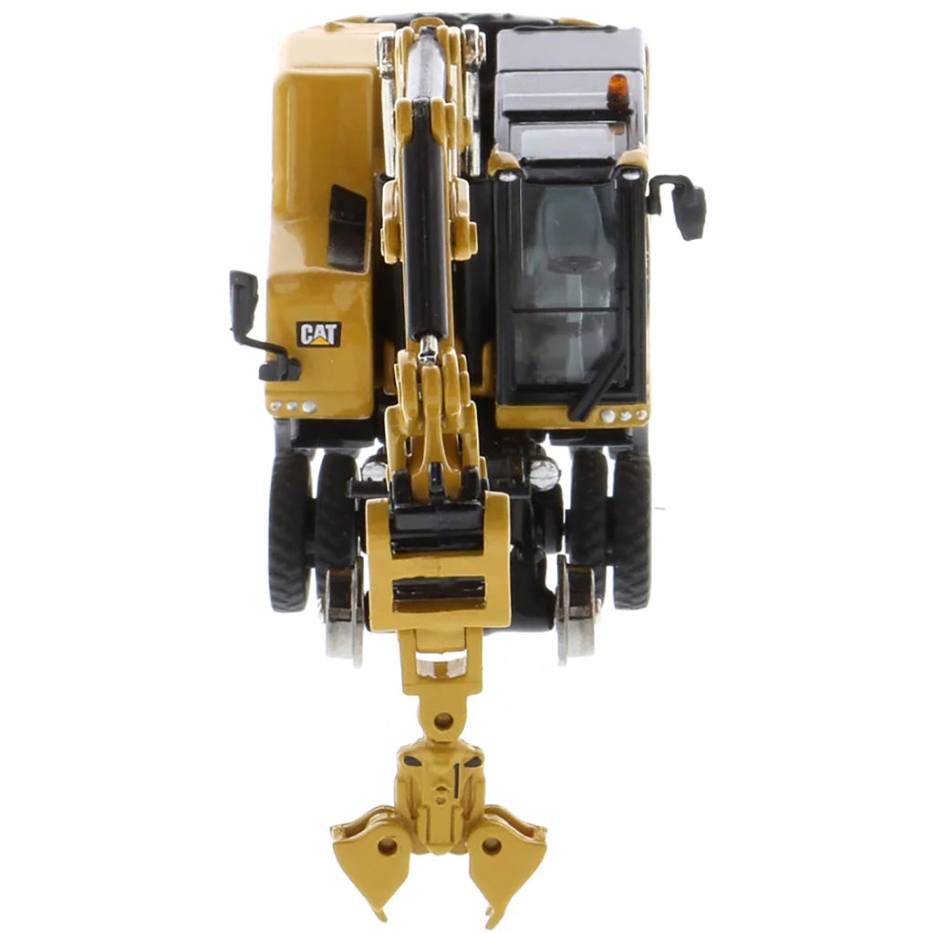Model of a CAT Yellow Caterpillar M323F Railroad Wheeled Excavator on a White Background