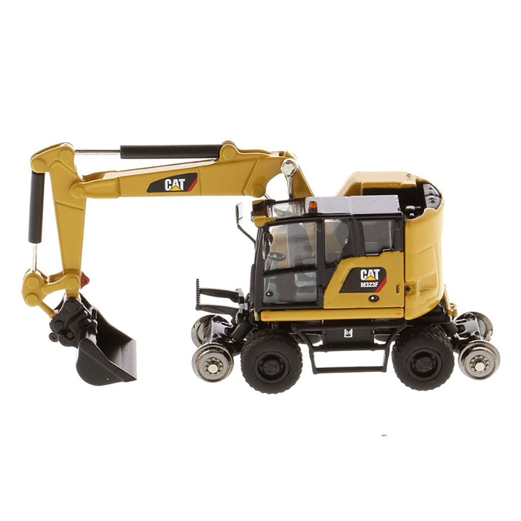 Model of a CAT Yellow Caterpillar M323F Railroad Wheeled Excavator on a White Background
