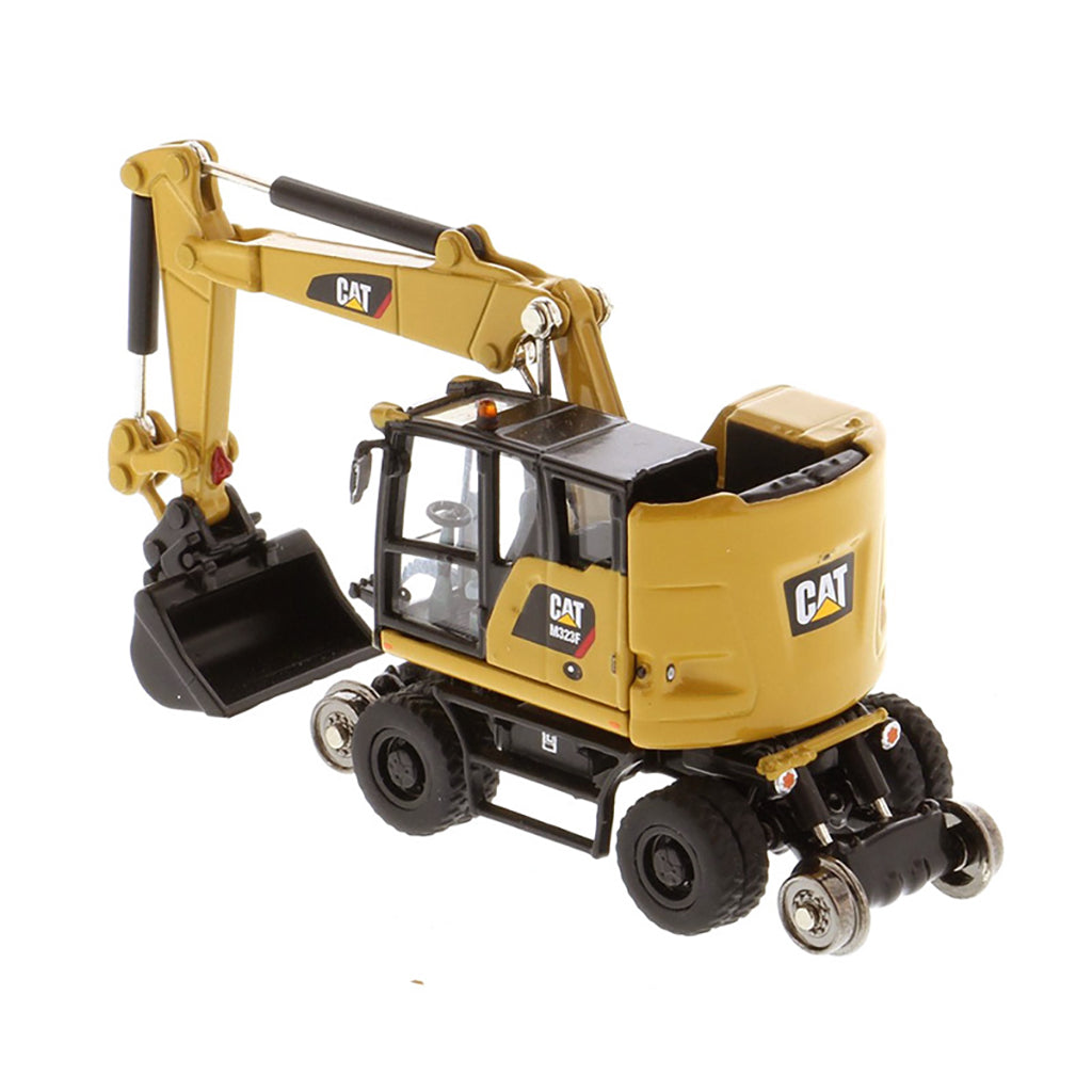 Model of a CAT Yellow Caterpillar M323F Railroad Wheeled Excavator on a White Background