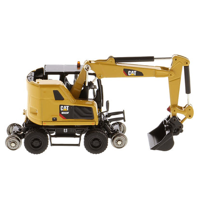Model of a CAT Yellow Caterpillar M323F Railroad Wheeled Excavator on a White Background