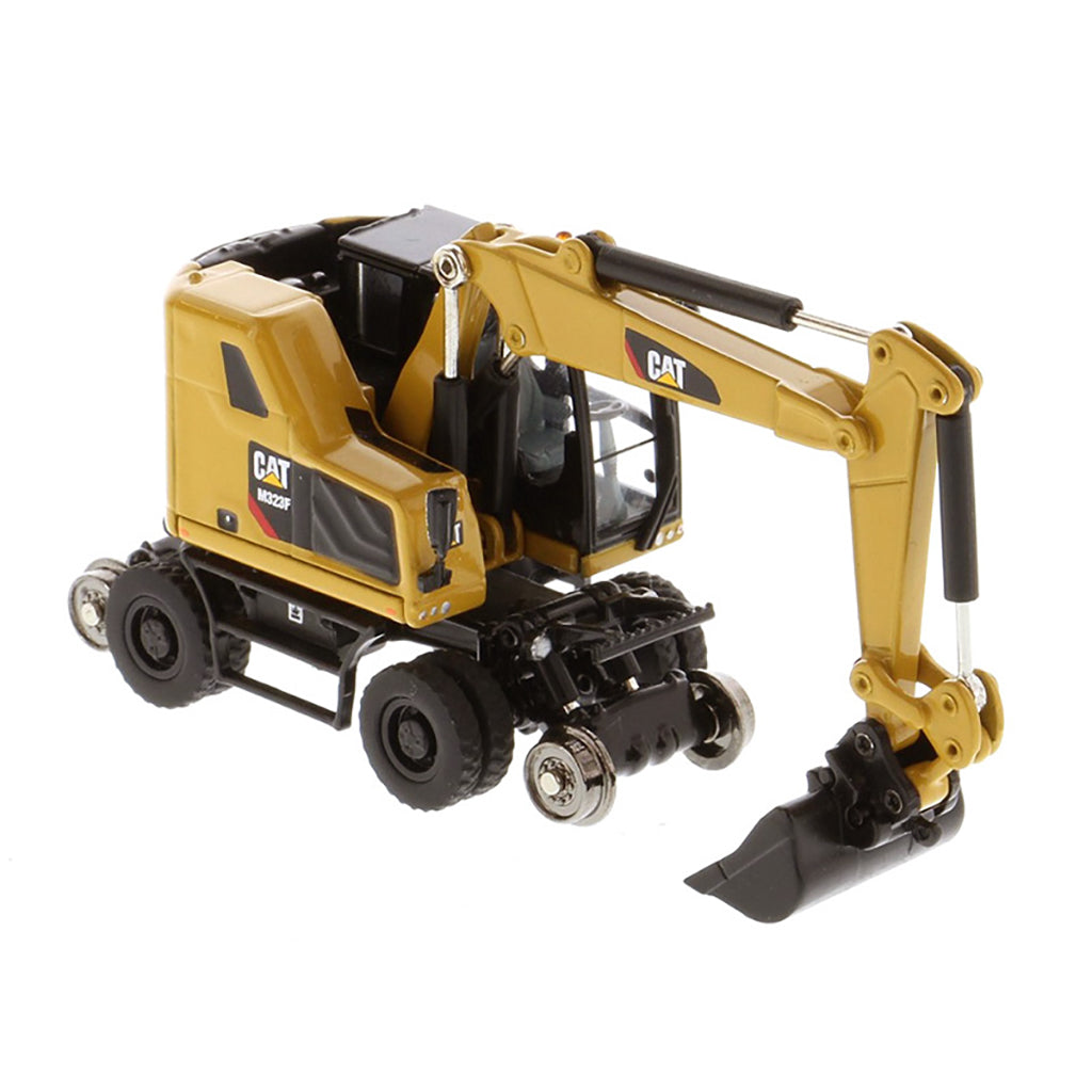 Model of a CAT Yellow Caterpillar M323F Railroad Wheeled Excavator on a White Background