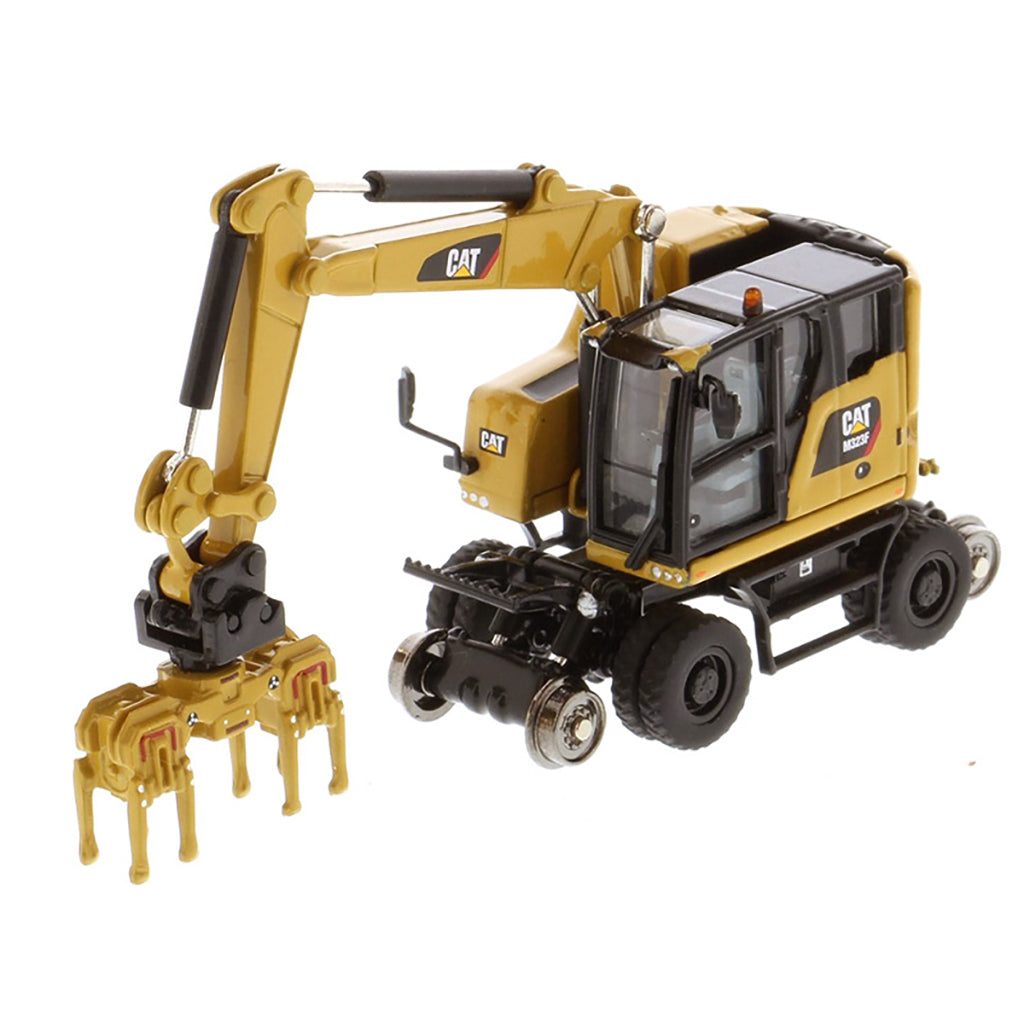 Model of a CAT Yellow Caterpillar M323F Railroad Wheeled Excavator on a White Background