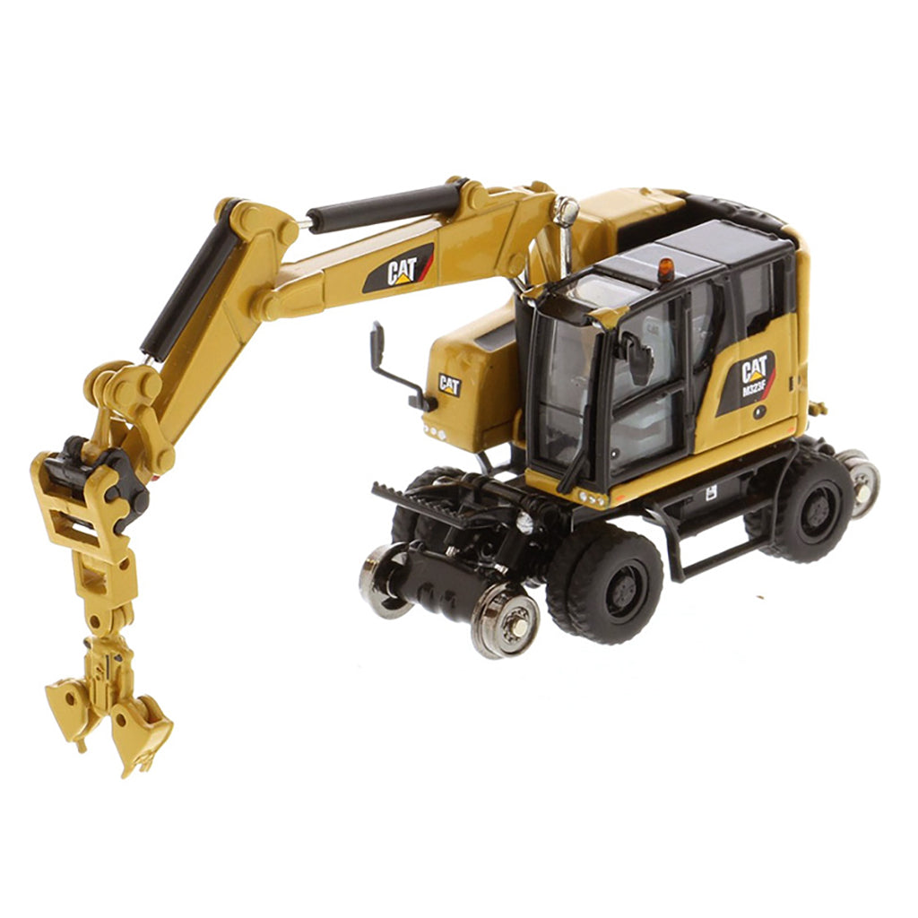 Model of a CAT Yellow Caterpillar M323F Railroad Wheeled Excavator on a White Background