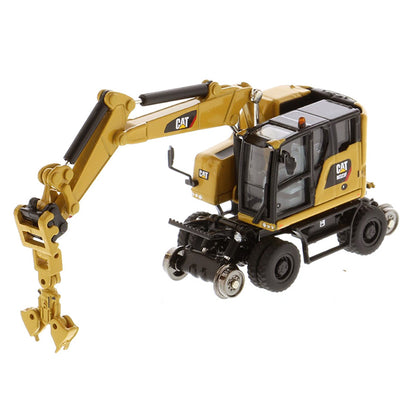 Model of a CAT Yellow Caterpillar M323F Railroad Wheeled Excavator on a White Background
