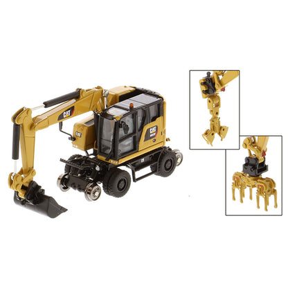 Model of a CAT Yellow Caterpillar M323F Railroad Wheeled Excavator on a White Background