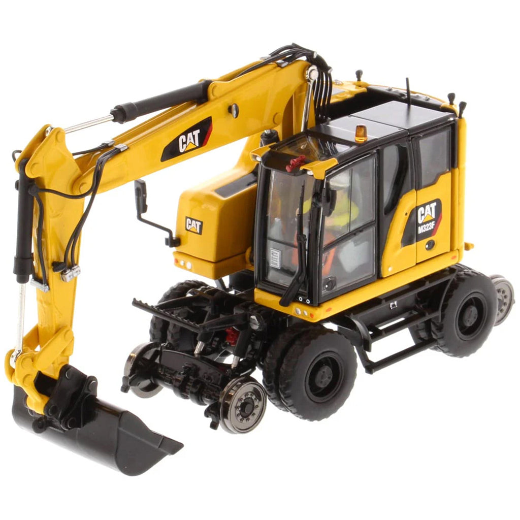 Model of a Caterpillar M323F Railroad Wheeled Excavator - Safety Yellow Version on a White Background
