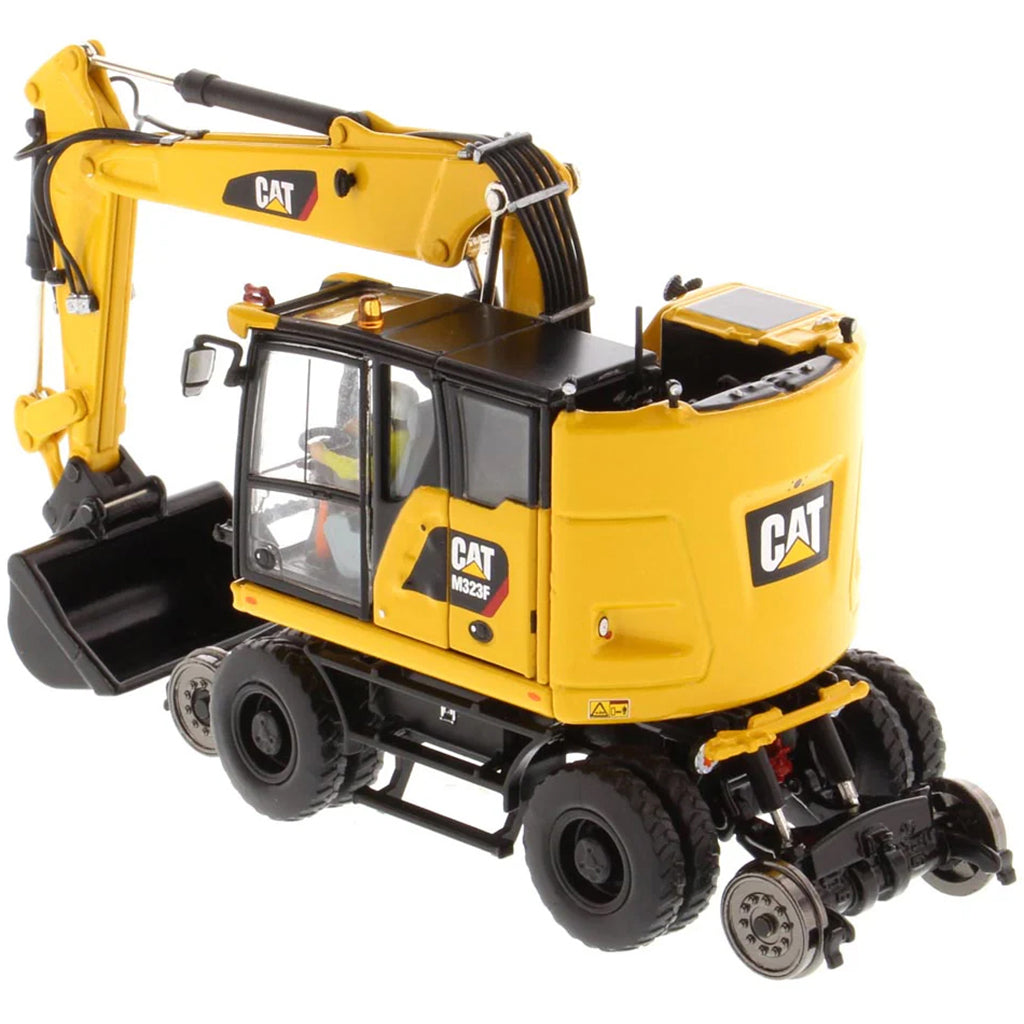 Model of a Caterpillar M323F Railroad Wheeled Excavator - Safety Yellow Version on a White Background