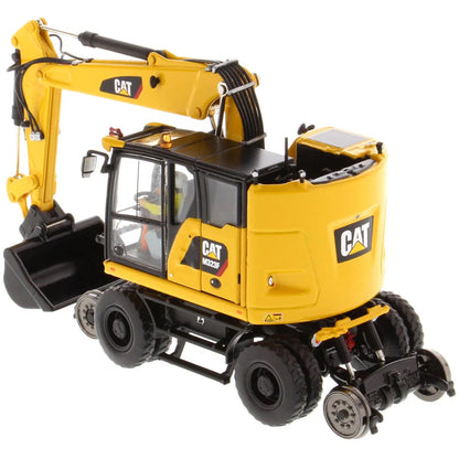 Model of a Caterpillar M323F Railroad Wheeled Excavator - Safety Yellow Version on a White Background