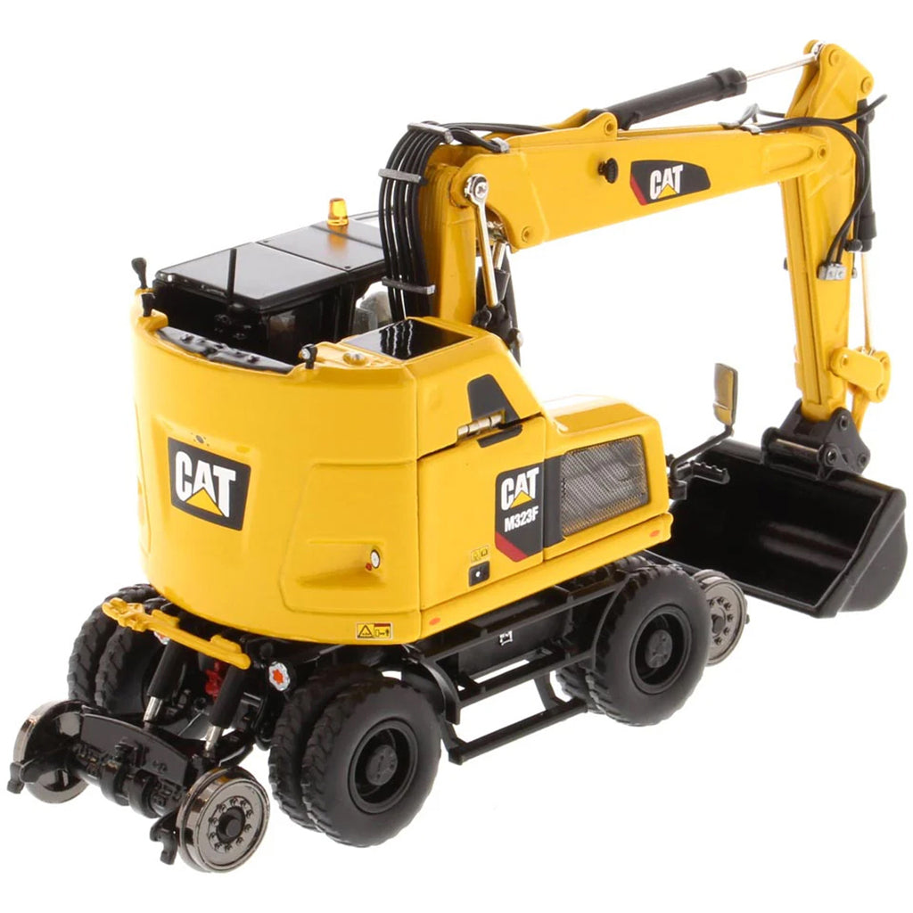Model of a Caterpillar M323F Railroad Wheeled Excavator - Safety Yellow Version on a White Background