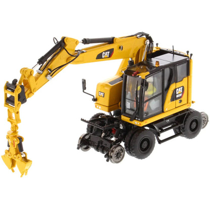 Model of a Caterpillar M323F Railroad Wheeled Excavator - Safety Yellow Version on a White Background