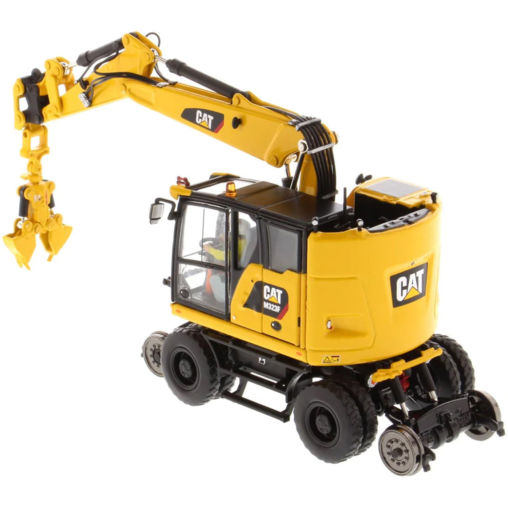 Model of a Caterpillar M323F Railroad Wheeled Excavator - Safety Yellow Version on a White Background
