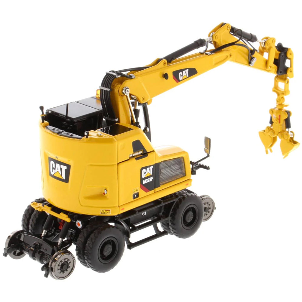 Model of a Caterpillar M323F Railroad Wheeled Excavator - Safety Yellow Version on a White Background