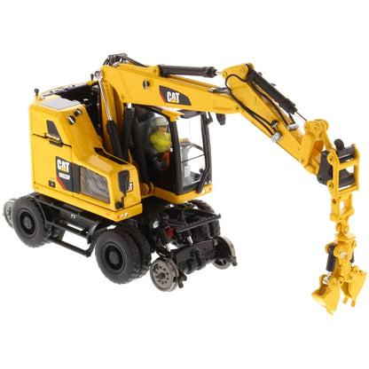 Model of a Caterpillar M323F Railroad Wheeled Excavator - Safety Yellow Version on a White Background