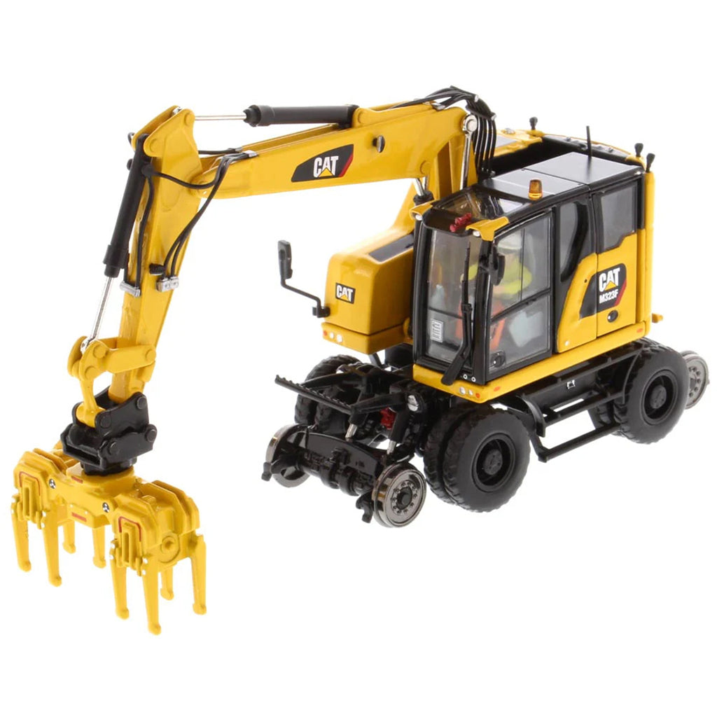 Model of a Caterpillar M323F Railroad Wheeled Excavator - Safety Yellow Version on a White Background