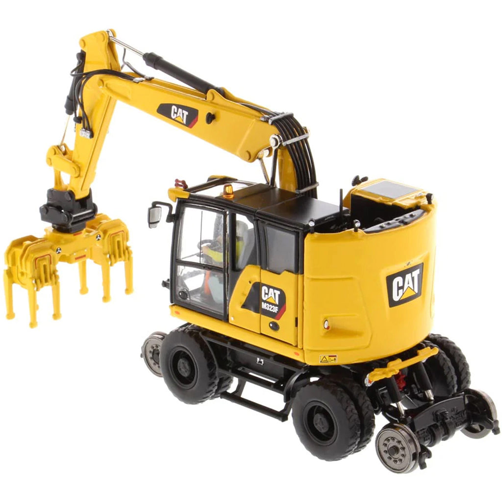 Model of a Caterpillar M323F Railroad Wheeled Excavator - Safety Yellow Version on a White Background