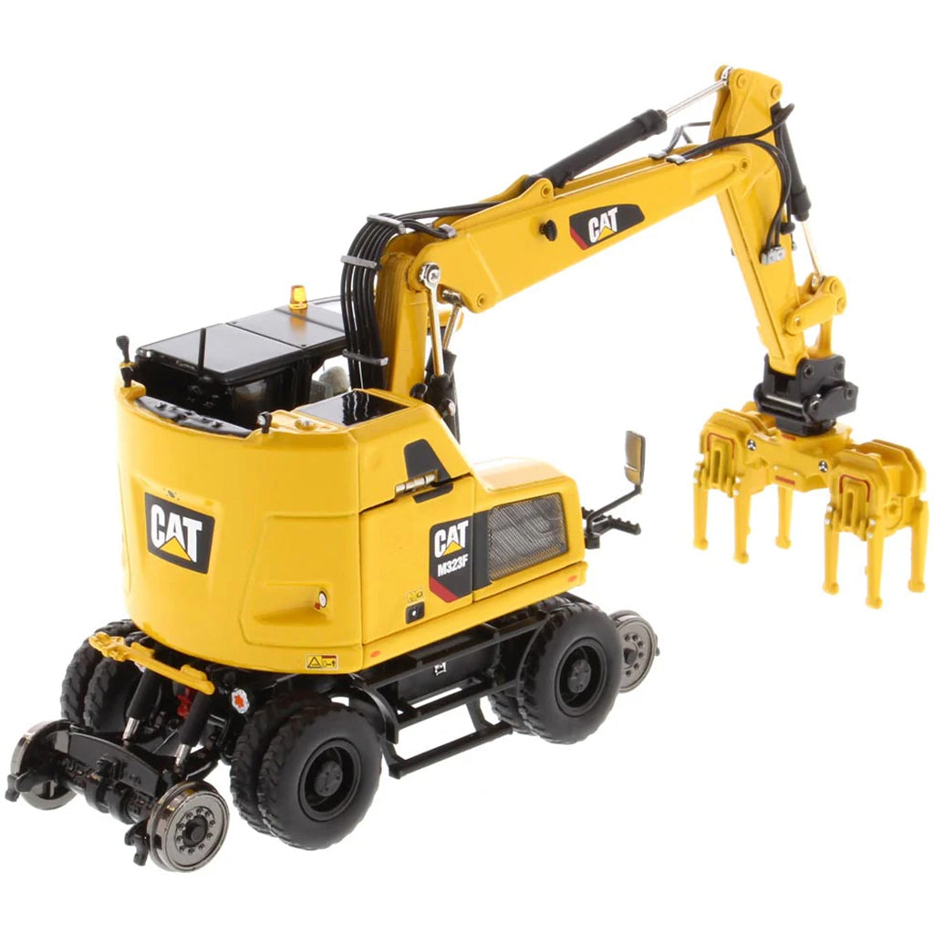 Model of a Caterpillar M323F Railroad Wheeled Excavator - Safety Yellow Version on a White Background