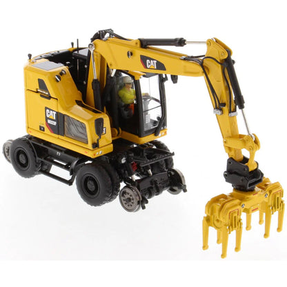 Model of a Caterpillar M323F Railroad Wheeled Excavator - Safety Yellow Version on a White Background