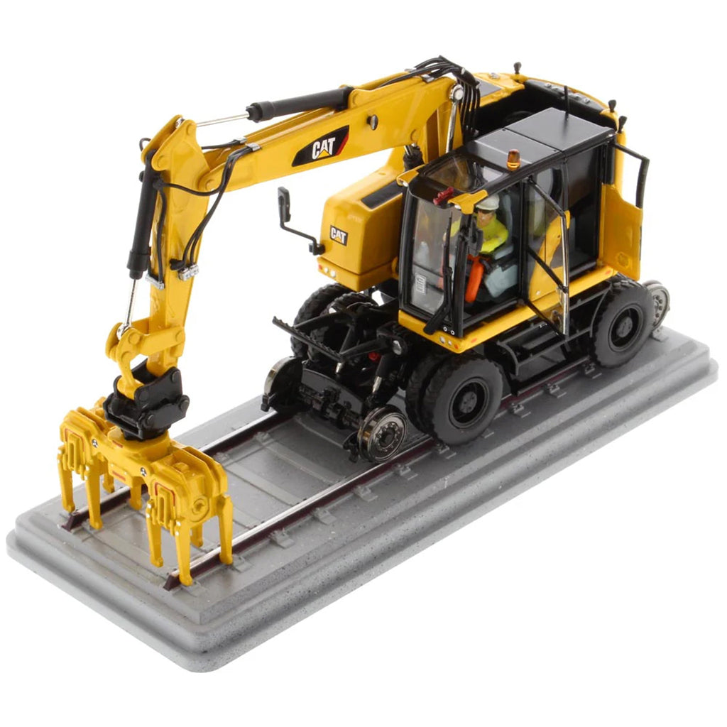 Model of a Caterpillar M323F Railroad Wheeled Excavator - Safety Yellow Version on a White Background
