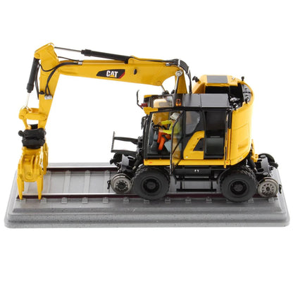 Model of a Caterpillar M323F Railroad Wheeled Excavator - Safety Yellow Version on a White Background