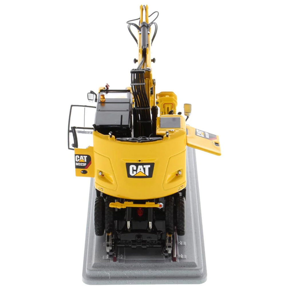 Model of a Caterpillar M323F Railroad Wheeled Excavator - Safety Yellow Version on a White Background